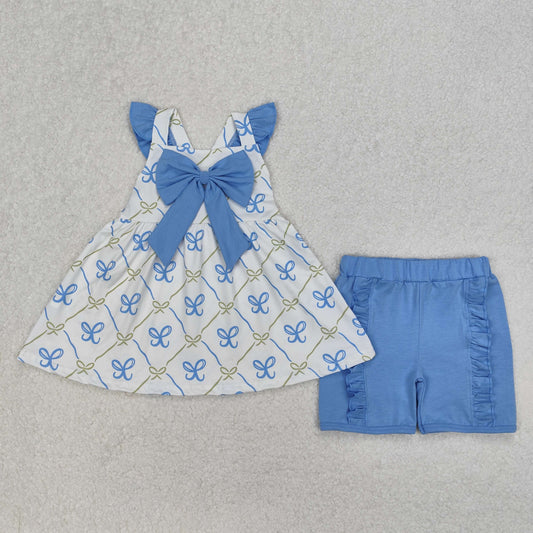 GSSO2109 Blue Bows Ruffle Flying Sleeve top shorts sets girls boutique outfit 202503 RTS
