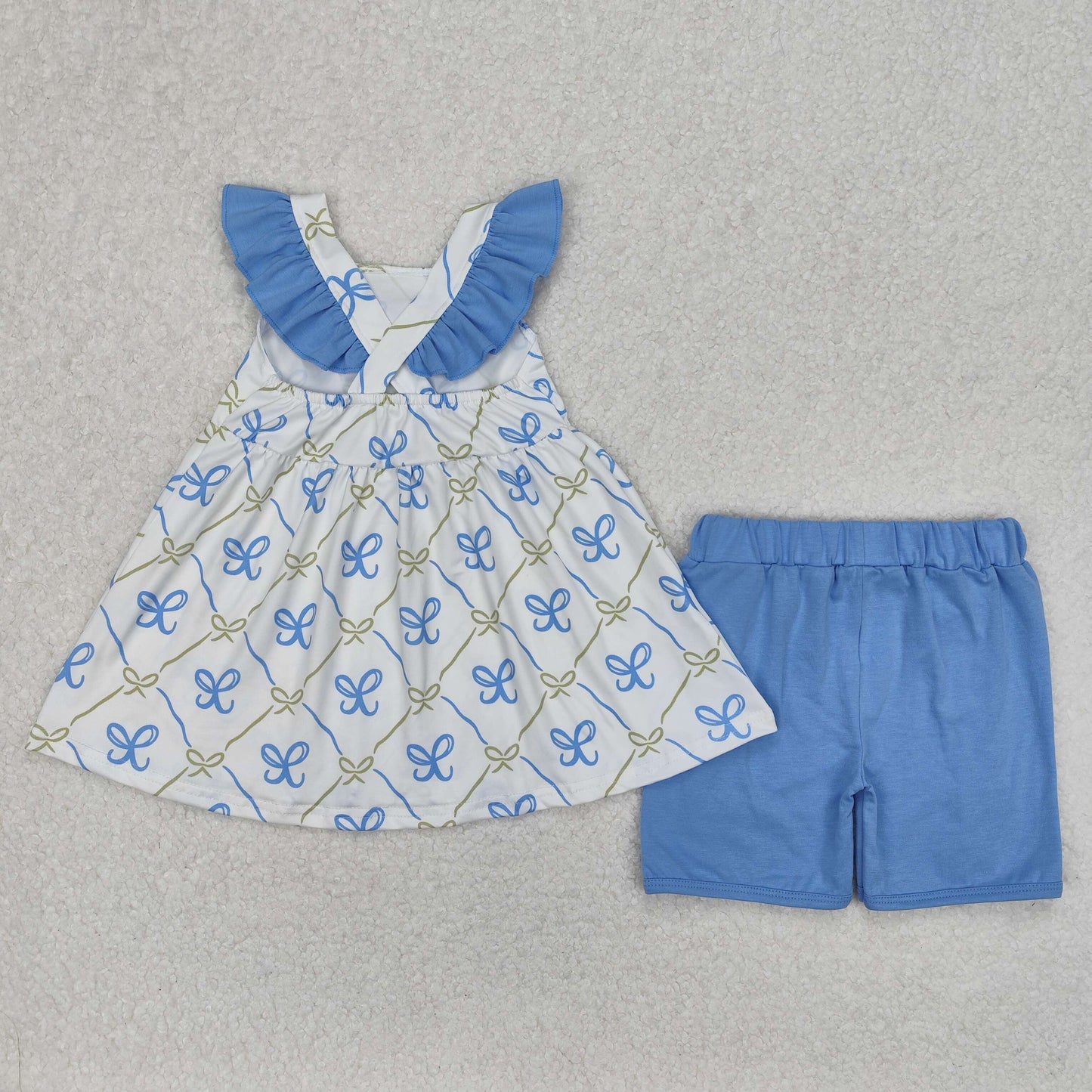 GSSO2109 Blue Bows Ruffle Flying Sleeve top shorts sets girls boutique outfit 202503 RTS