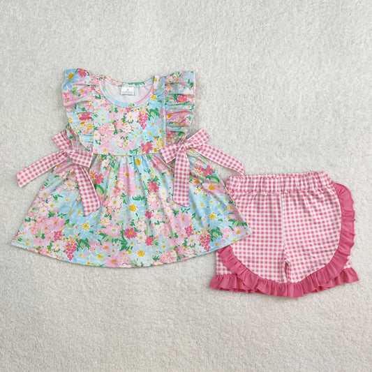 GSSO2111 Pink Green Flower Bows Plaid Sleeveless top ruffle shorts set Girls Boutique  outfit 202503 RTS