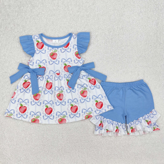 GSSO2114 Blue Apple Bows Ruffle Fly Sleeve Top Shorts Sets Girls Boutique Outfit 202503 RTS