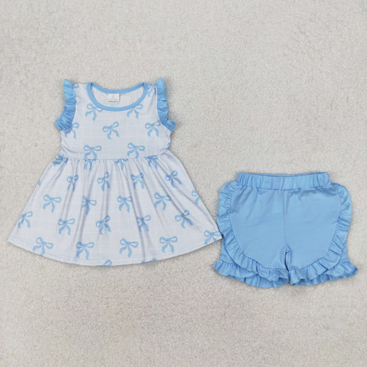 GSSO2120 Blue Bows Ruffled Sleeveless Shorts Girls Boutique Summer Clothes  202503 RTS