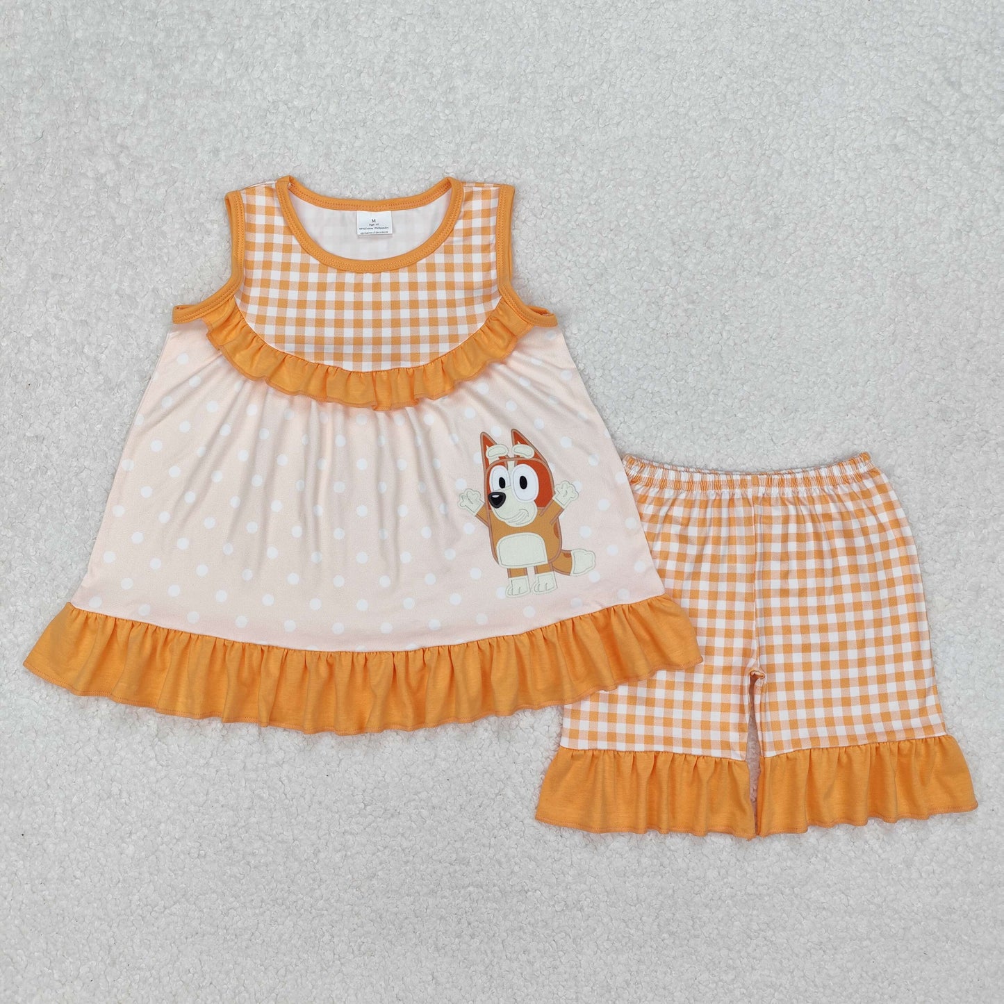GSSO2123 Orange Plaid Dot Ruffle Cartoon Bluey Sleeveless Shorts Girls Boutique Sets 202503 RTS