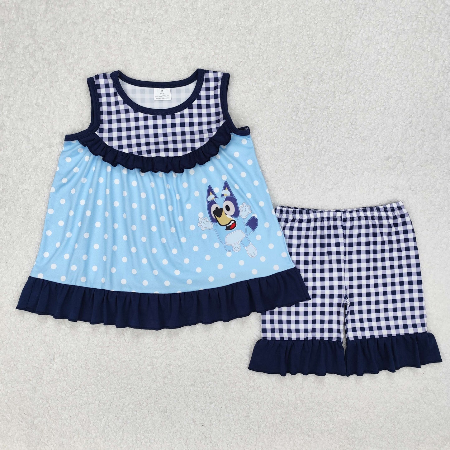 GSSO2124 Black Plaid Ruffle  Blue Dot Cartoon Bluey Sleeveless top shorts sets girls boutique outfit 202503 RTS