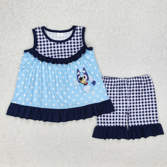 GSSO2124 Black Plaid Ruffle  Blue Dot Cartoon Bluey Sleeveless top shorts sets girls boutique outfit 202503 RTS
