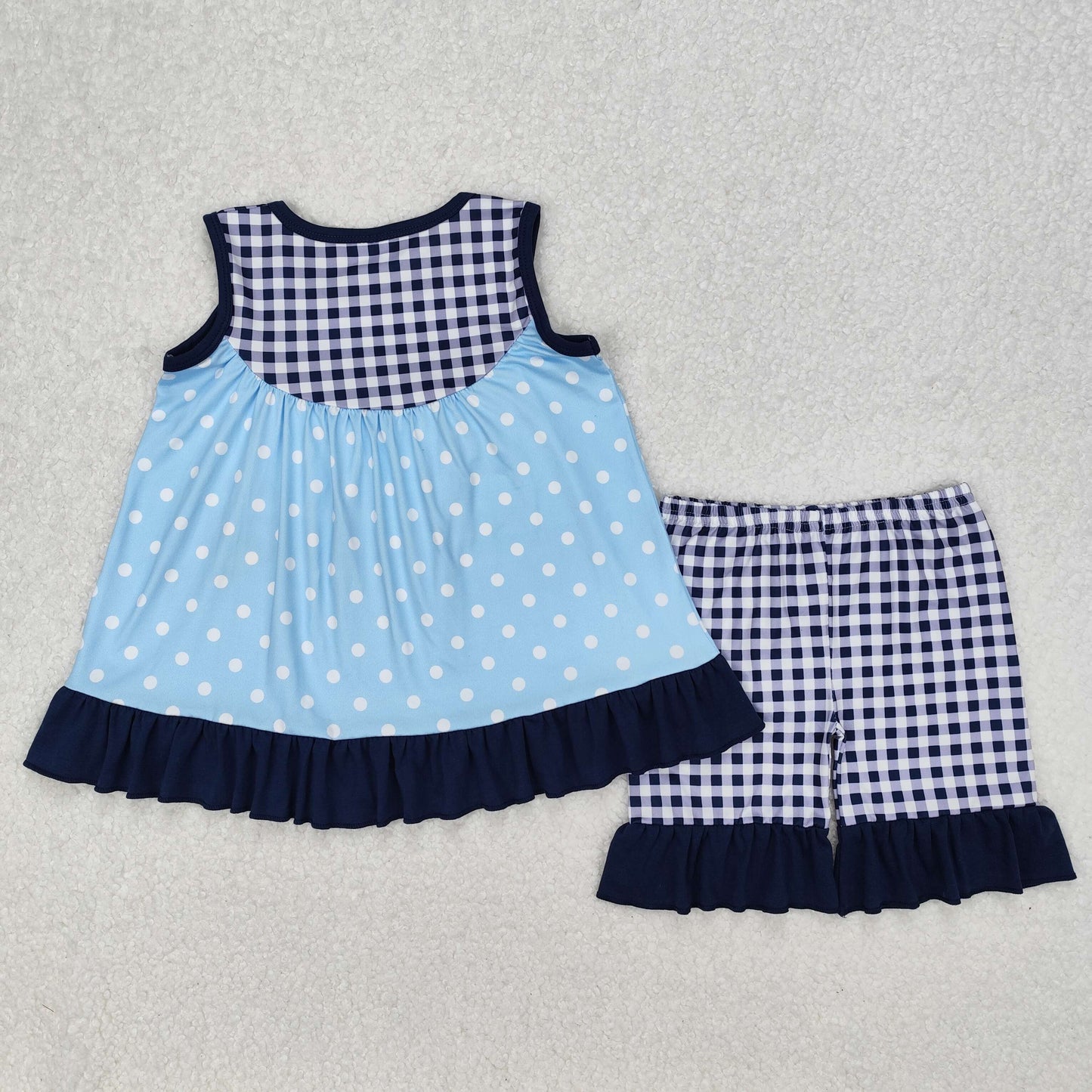 GSSO2124 Black Plaid Ruffle  Blue Dot Cartoon Bluey Sleeveless top shorts sets girls boutique outfit 202503 RTS