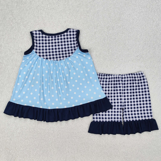 GSSO2124 Black Plaid Ruffle  Blue Dot Cartoon Bluey Sleeveless top shorts sets girls boutique outfit 202503 RTS