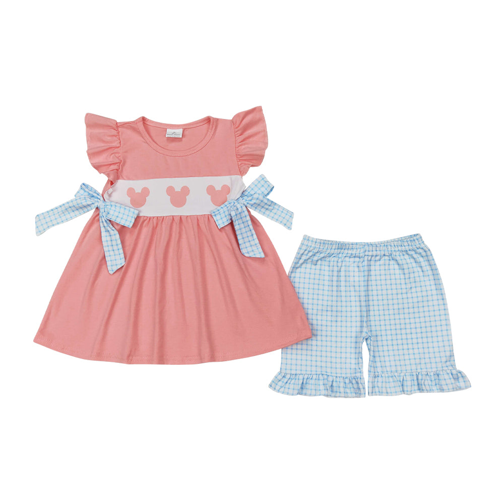 GSSO2126 Mickey Mouse Cartoon Pink Blue Plaid Bows Ruffle sleeveless Top Shorts Set Boutique Girls Outfits 202503 RTS