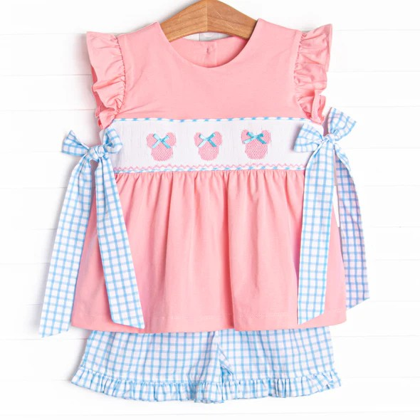 GSSO2126 Mickey Mouse Cartoon Pink Blue Plaid Bows Ruffle sleeveless Top Shorts Set Boutique Girls Outfits 202503 RTS
