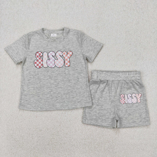GSSO2135 Offset Printed Letter Silly Grey Short Sleeve Shorts Girls Sets RTS Free Shipping Over $100