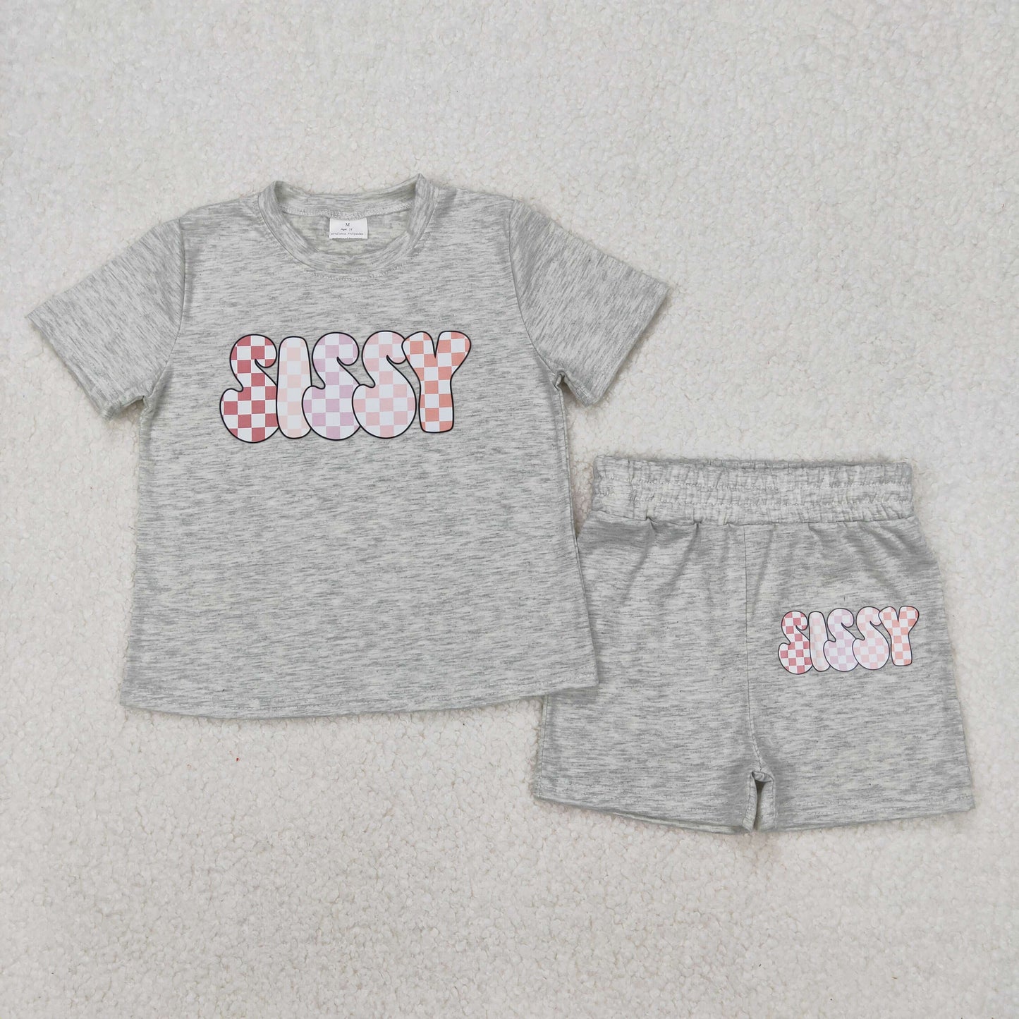 GSSO2135 Offset Printed Letter Silly Grey Short Sleeve Shorts Girls Sets RTS Free Shipping Over $100