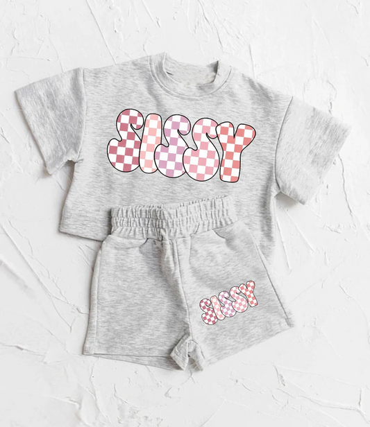 GSSO2135 Offset Printed Letter Silly Grey Short Sleeve Shorts Girls Sets RTS Free Shipping Over $100