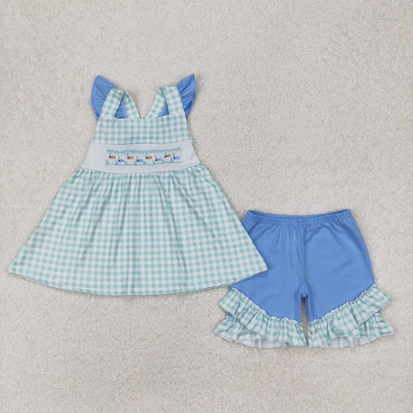 GSSO2148 Embroidered Fish Blue Green Plaid Ruffle Flying Sleeve Top Shorts Sets Boutique Girls Outfits 202503 RTS