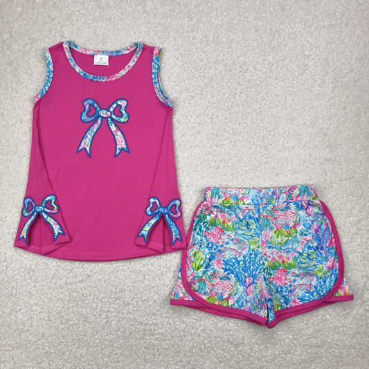GSSO2149 Embroidered Bows Rose Red sleeveless top shorts set girls Boutique Summer outfit 202504 RTS