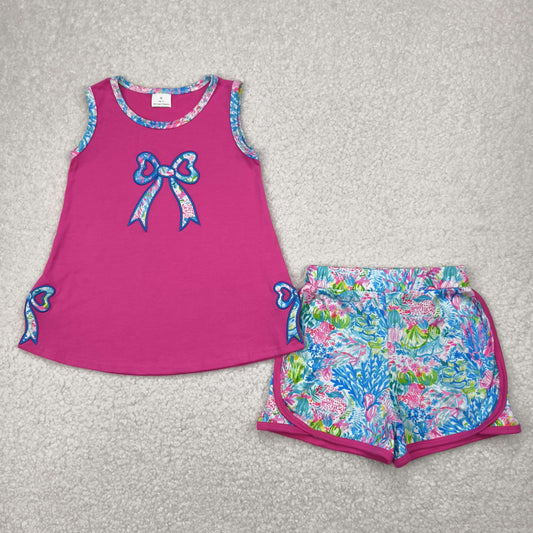 GSSO2149 Embroidered Bows Rose Red sleeveless top shorts set girls Boutique Summer outfit 202504 RTS