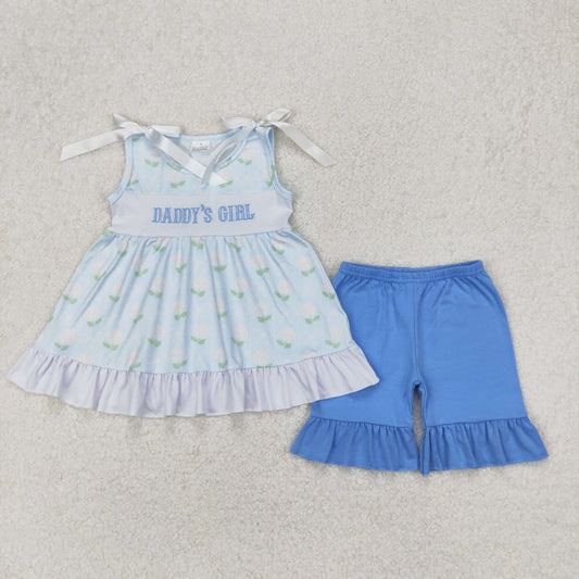 GSSO2152 Daddys Girl Embroidered Light Blue Flower Ruffle Sleeveless Top shorts set girls boutique outfit 202503 RTS