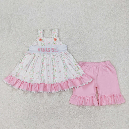 GSSO2153 Mamas Girl Pink White Flower Lace Sleeveless Top Shorts Set Girls Boutique Outfits 202503 RTS