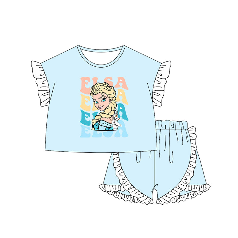 preorder GSSO2161 Disney Princess Elsa White lace light blue short-sleeved ruffled shorts set girls boutique outfit 202502