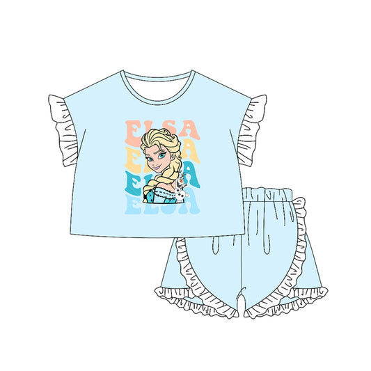 preorder GSSO2161 Disney Princess Elsa White lace light blue short-sleeved ruffled shorts set girls boutique outfit 202502