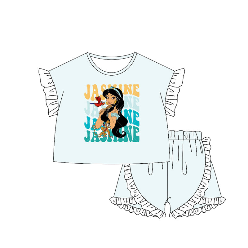 preorder GSSO2166 Disney Jasmine Princess White lace sky blue ruffle short sleeve shorts set girls boutique outfit 202502