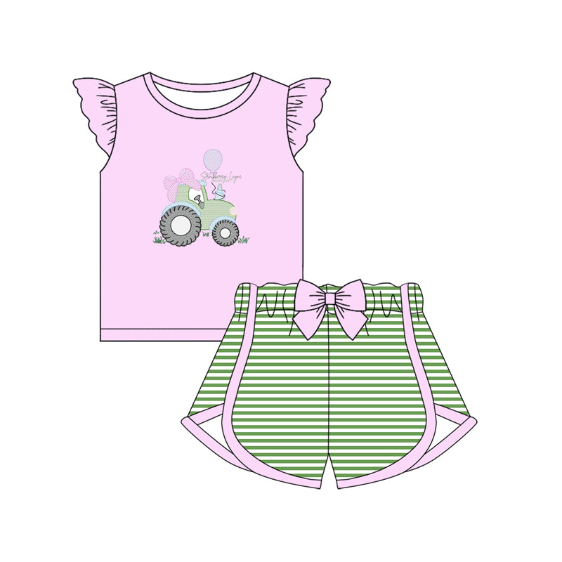 Preorder GSSO2173 Rose Pink Bow tractor flying ruffled sleeve top green striped bow shorts sets Girls Boutique Summer clothes  202502 RTS