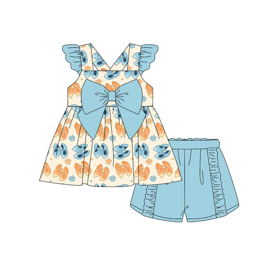 Preorder GSSO2174 Blue Green Bow flying ruffled sleeve top shorts sets Girls Boutique Summer clothes  202502 RTS