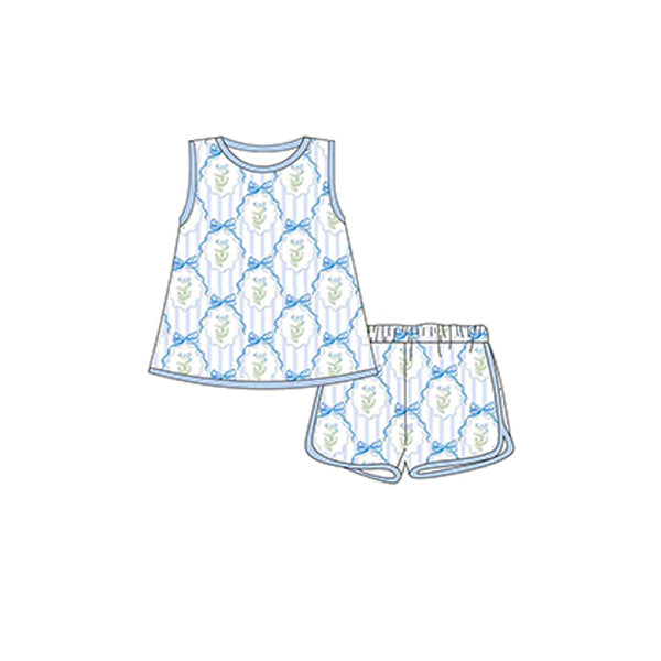 Preorder GSSO2175 Blue flower sleeveless top shorts sets Girls Boutique Summer clothes  202502 RTS