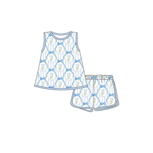 Preorder GSSO2175 Blue flower sleeveless top shorts sets Girls Boutique Summer clothes  202502 RTS