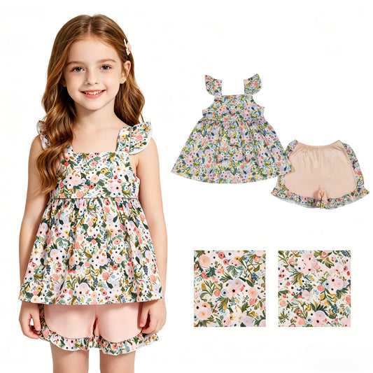GSSO2180 Hot Pink Green flower leaf flying sleeve top shorts girls sets 202605 RTS