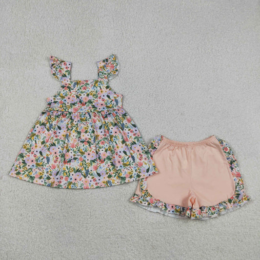 GSSO2180 Hot Pink Green flower leaf flying sleeve top shorts girls sets 202605 RTS