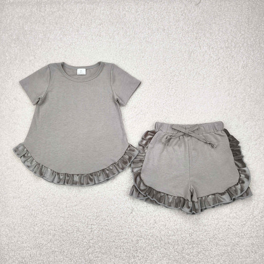 GSSO2182 Pure grey ruffle short sleeve top shorts set Girls Boutique Summer clothes 202504 RTS