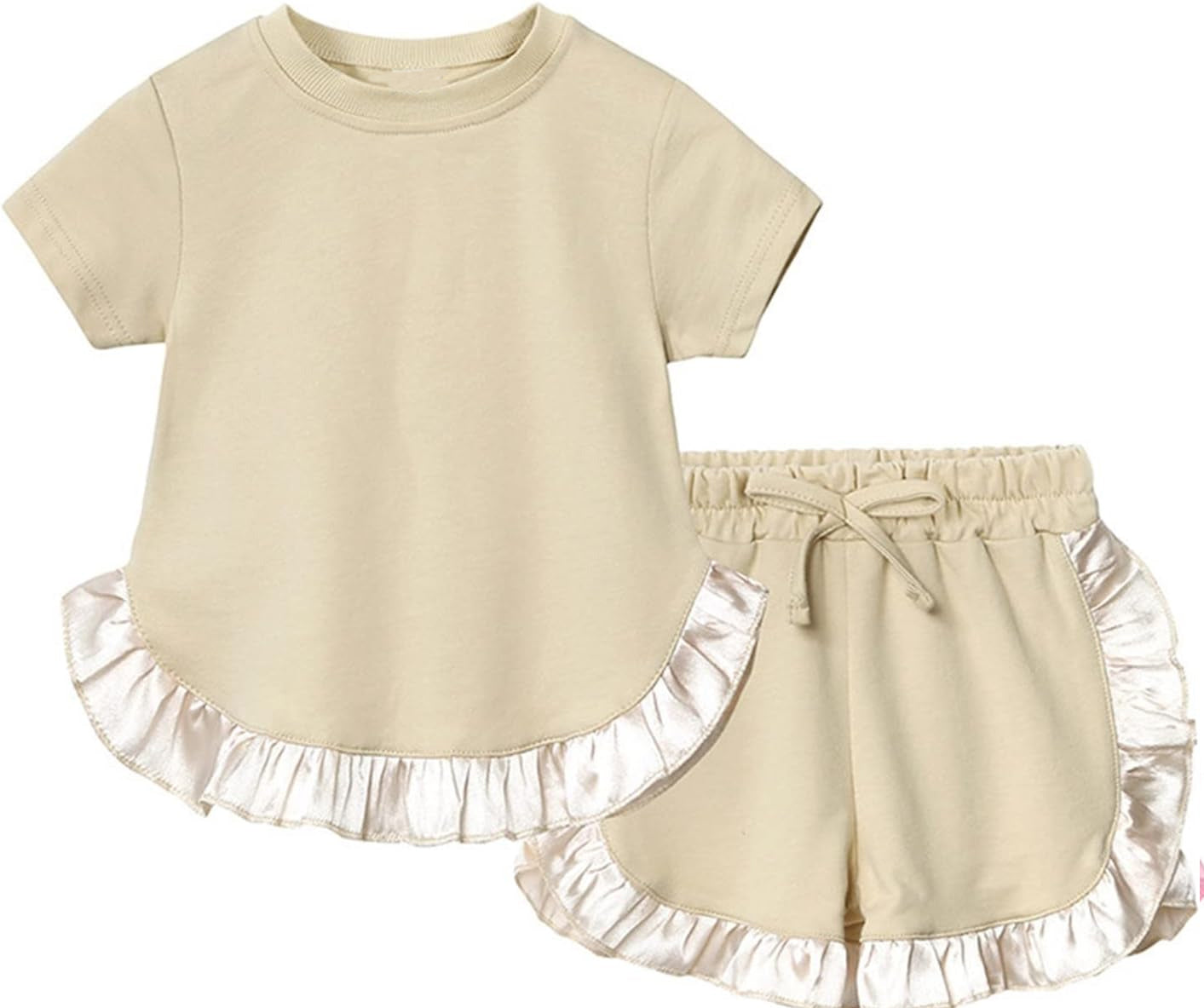 Preorder GSSO2185 Pure beige ruffle short sleeve top shorts set Girls Boutique Summer clothes 202502
