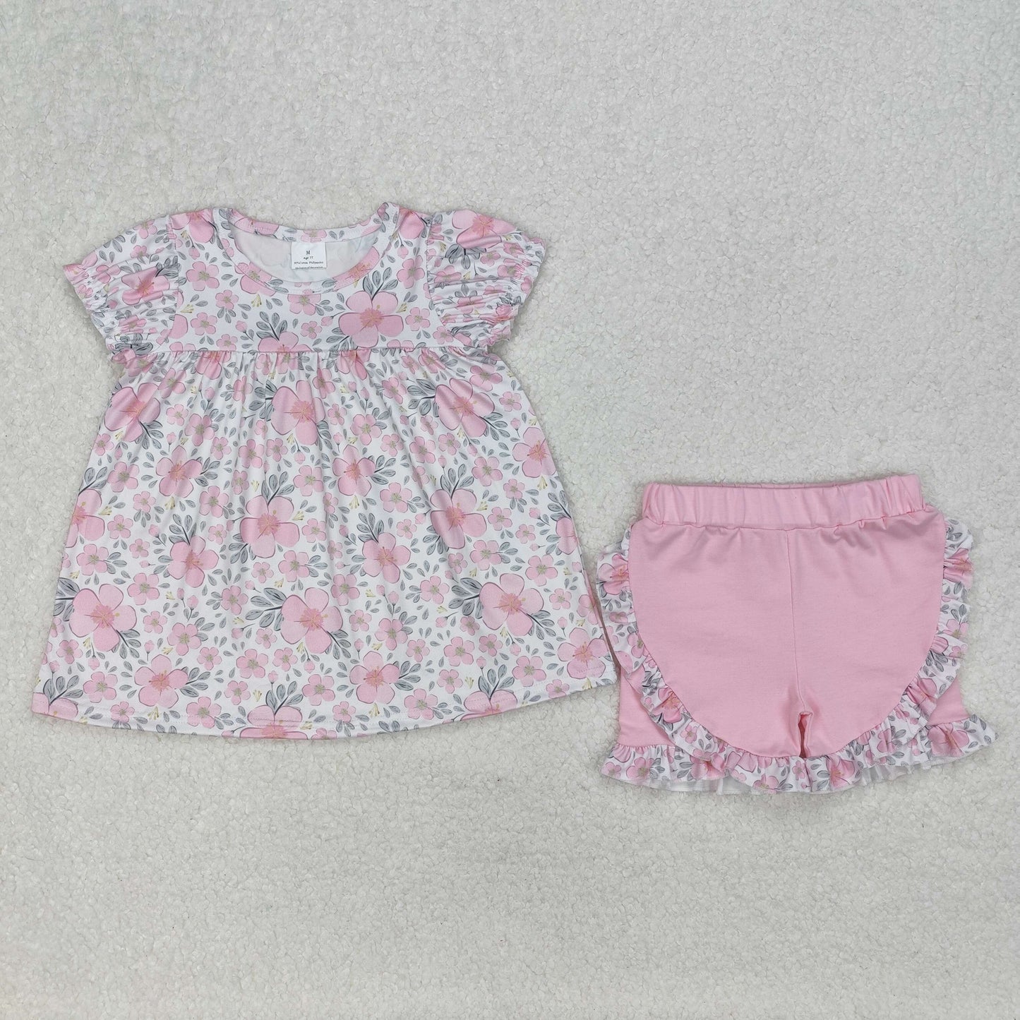 GSSO2194 Pink Flower Leaf Ruffled Short Sleeve Top Shorts Set Girls Boutique Summer clothes 202503 RTS