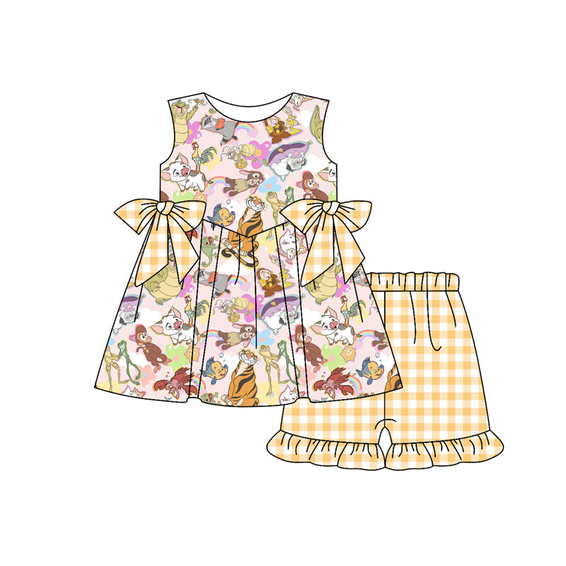 GSSO2197 My Friends Tigger & Pooh cartoon yellow plaid ruffled sleeveless top shorts set girls boutique clothes 202503 RTS