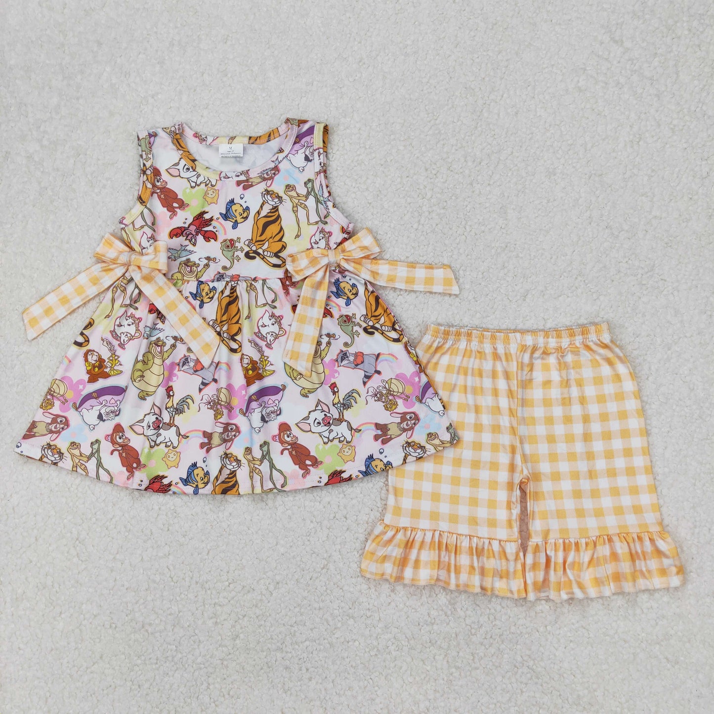 GSSO2197 My Friends Tigger & Pooh cartoon yellow plaid ruffled sleeveless top shorts set girls boutique clothes 202503 RTS