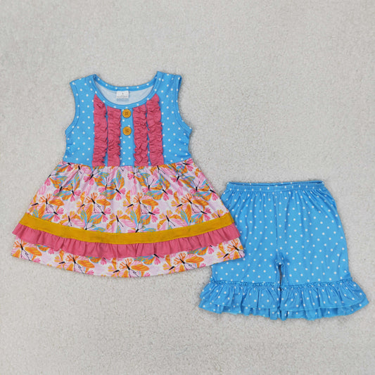 GSSO2199 Blue pink dot flower sleeveless top shorts set girls Boutique Summer clothes 202504 RTS