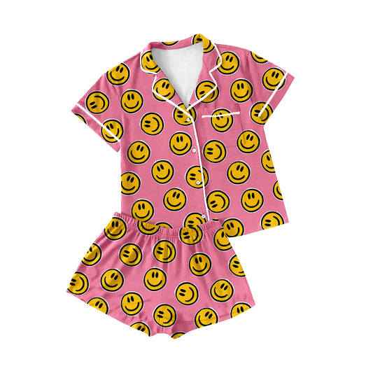 preorder GSSO2202 Smile face Hot Pink Button Short sleeve Top shorts pajamas set boutique Adult girls clothing sets summer outfit 202502
