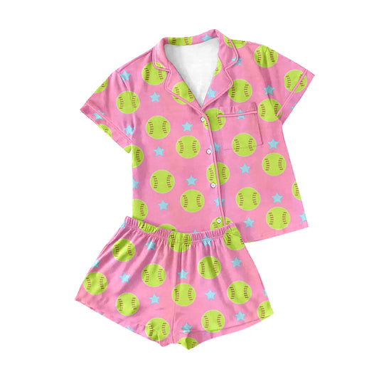 GSSO2203 baseball print hot pink button short sleeve top shorts pajamas Girls Boutique Outfits   202503 RTS