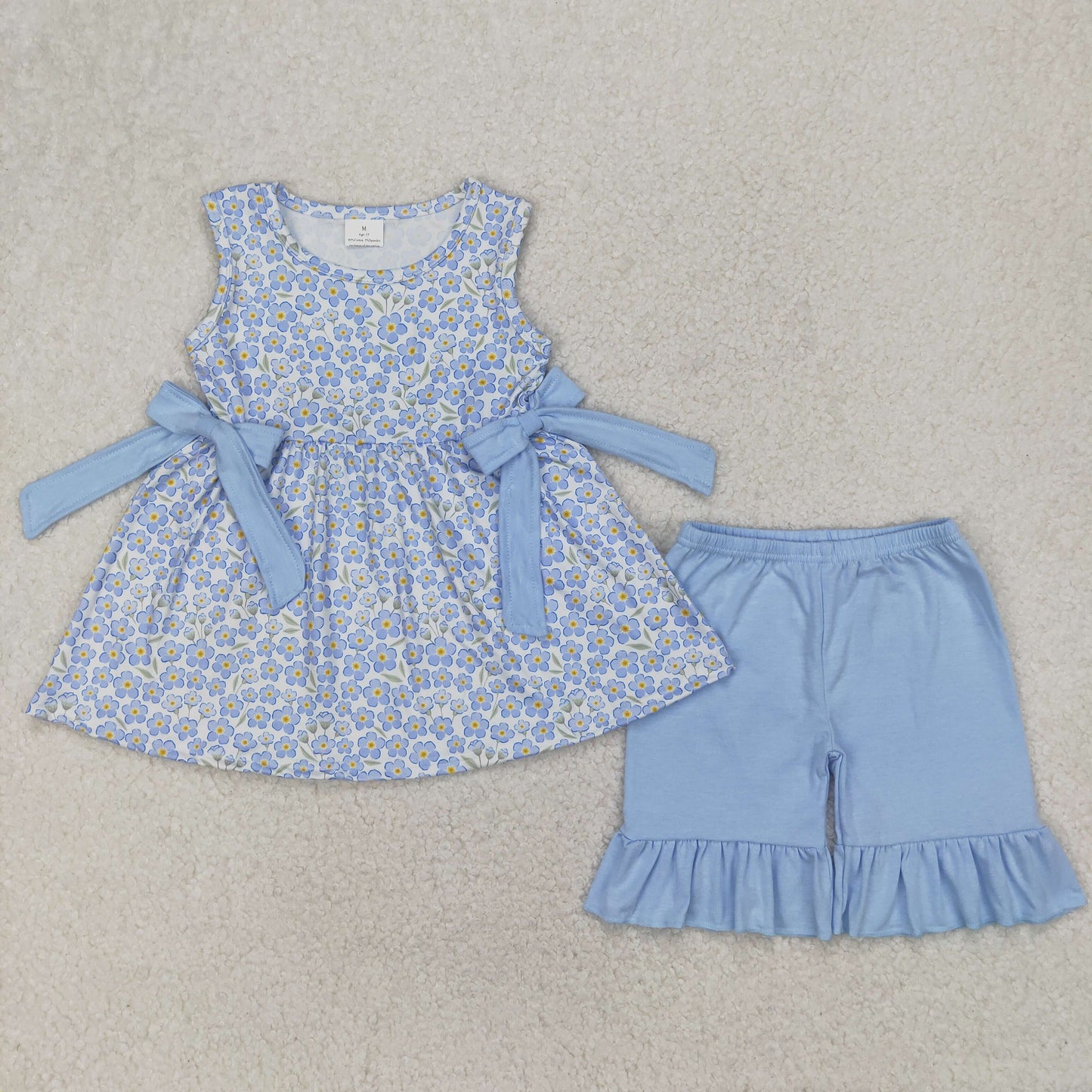 GSSO2204 Blue flower bow ruffle sleeveless top shorts sets Girls Boutique Summer clothes  202504 RTS