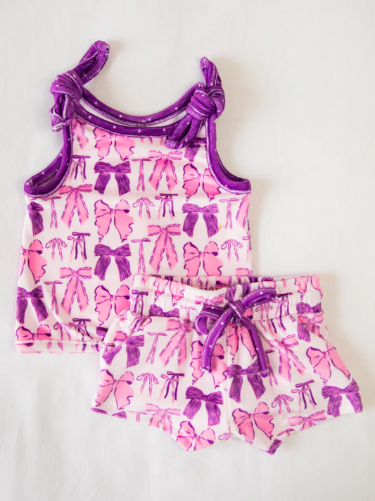 GSSO2207 Purple Pink bows sleeveless top shorts sets Girls Boutique Outfits 202503 RTS