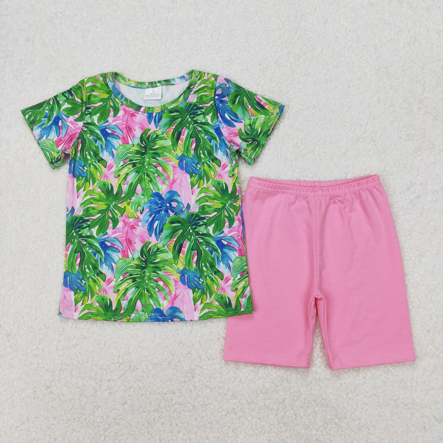 GSSO2211 Green Pink Leaf short sleeve top shorts sets Girls Boutique Summer clothes  202503 RTS
