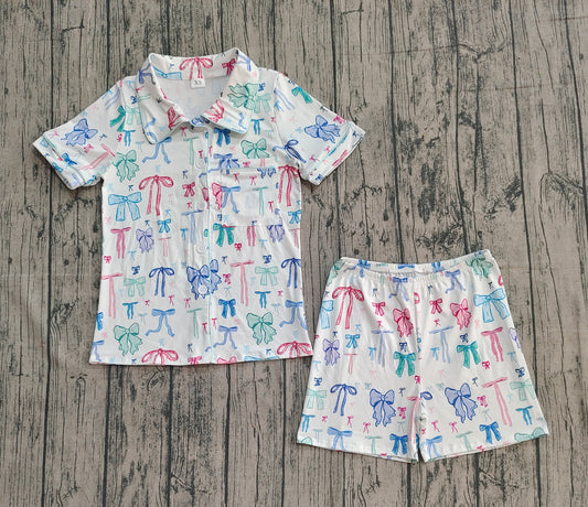NO MOQ preorder GSSO2216 Adult Female Colored Bows Polo Button Short Sleeve Shorts Pajamas Set 202510