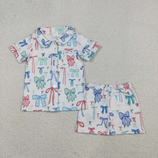 GSSO2217 Colored Bows Button Polo Short Sleeve Top Shorts Pajamas Girls Set 202511 RTS