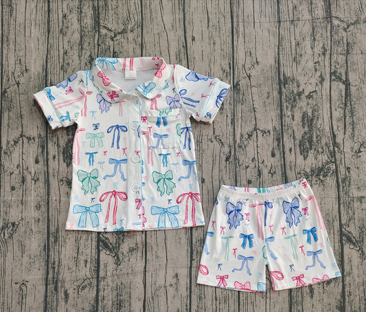 NO MOQ Preorder GSSO2217 Colored Bows Button Polo Short Sleeve Top Shorts Pajamas Girls Set 202510