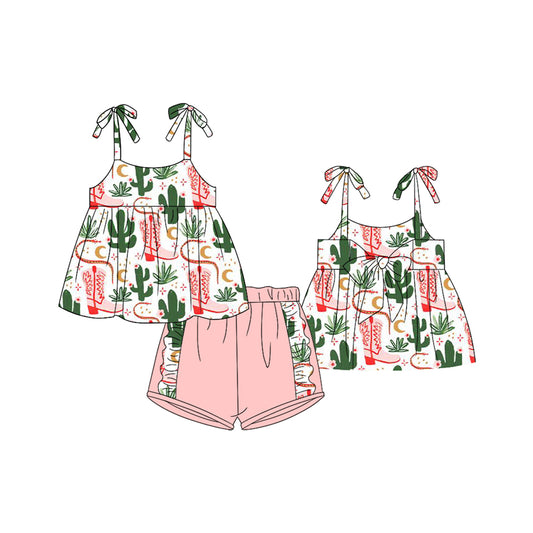 preorder GSSO2220  Cactus boots western rodeo Pink Green sleeveless top shorts set girls Boutique Summer outfit 202502