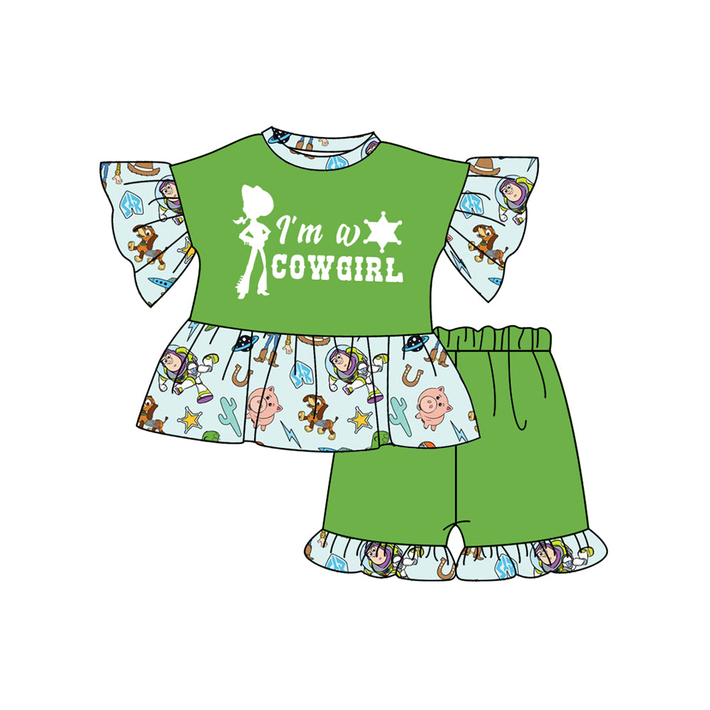 preorder GSSO2248 Grass Green cowgirl cartoon pattern short sleeve top shorts set Girls Boutique Summer outfit 202502
