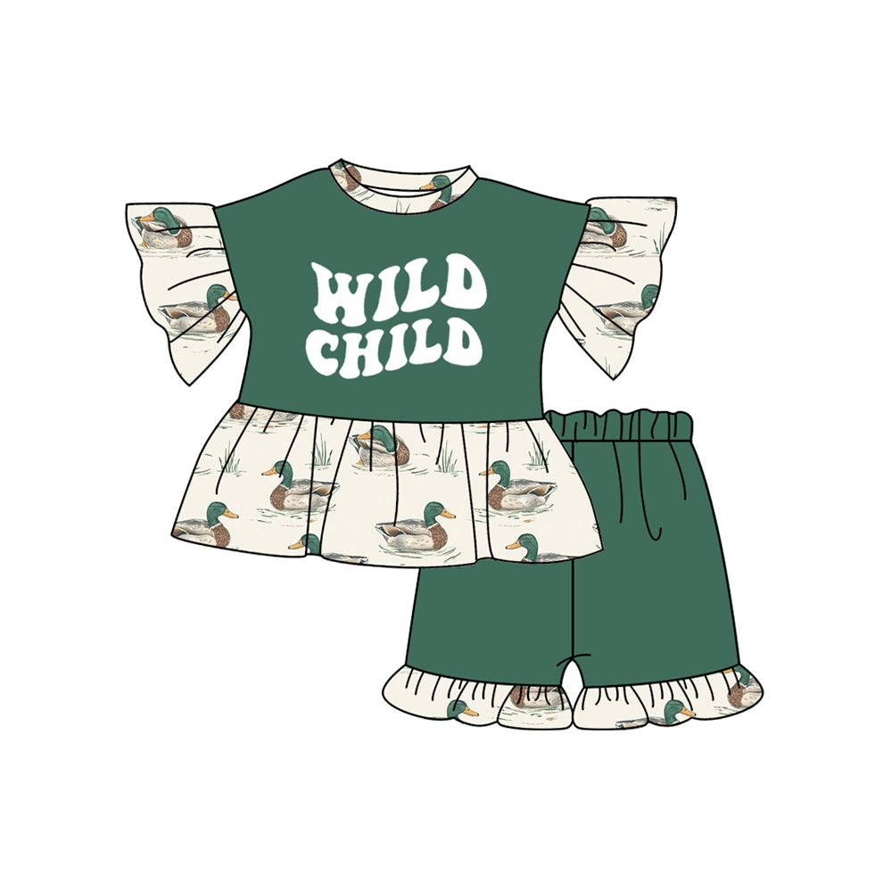preorder GSSO2249 Dark Green Wild Child duck hunting short sleeve top shorts set Girls Boutique Summer outfit 202502
