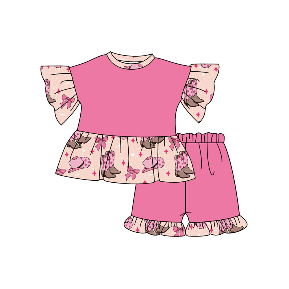 preorder GSSO2251 Hot pink hat boots bows short sleeve top shorts set Girls Boutique Summer outfit 202502