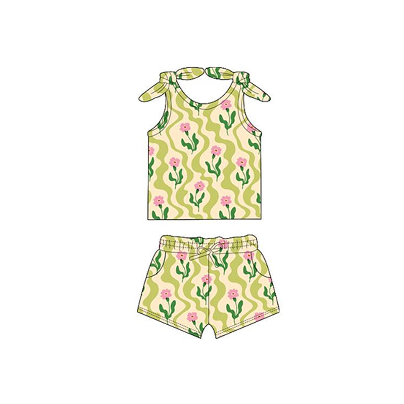 preorder GSSO2260 Yellow Green flower sleeveless top shorts set Girls Boutique Summer outfit 202502