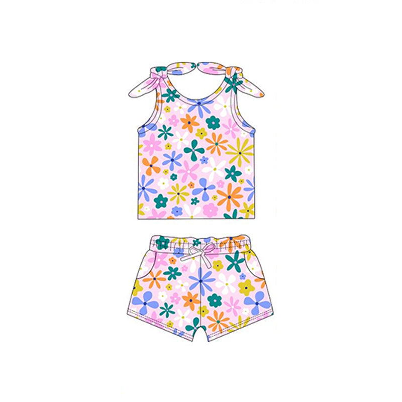 preorder GSSO2261 Pink Blue flower sleeveless top shorts set Girls Boutique Summer outfit 202502