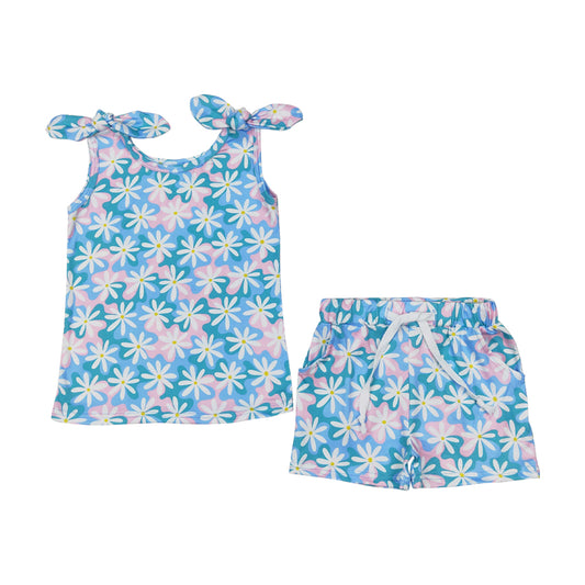 GSSO2262 Blue Pink flower sleeveless top shorts set Girls Boutique Summer outfit 202503 RTS